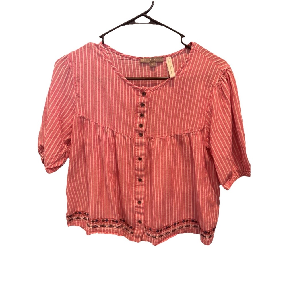Pink‎ Striped Boho Blouse Women Small Button Down Embroidered Hem Top Chemistry